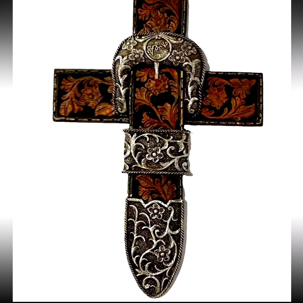 Rustic Cross Western 12" Ceramic Brown Black Belt Buckle Wall Decor